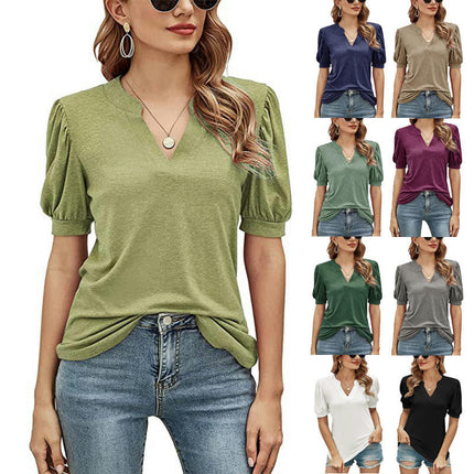 Women's Casual Puff Short Sleeve V Neck Shirt Tunic Top