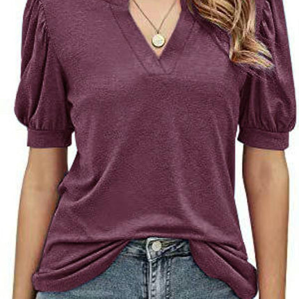 Women's Casual Puff Short Sleeve V Neck Shirt Tunic Top