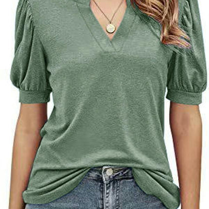 Women's Casual Puff Short Sleeve V Neck Shirt Tunic Top