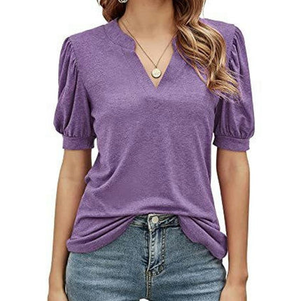 Women's Casual Puff Short Sleeve V Neck Shirt Tunic Top