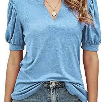 Women's Casual Puff Short Sleeve V Neck Shirt Tunic Top