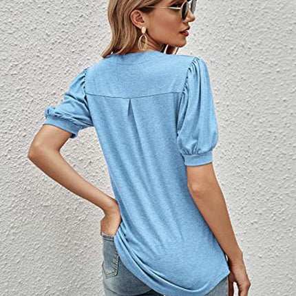 Women's Casual Puff Short Sleeve V Neck Shirt Tunic Top