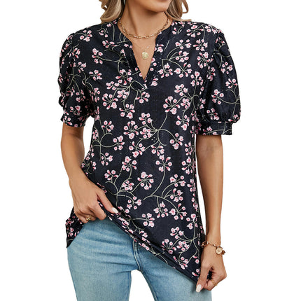 Women's Summer Tops Short Sleeve V Neck Shirts Printed Loose Fit Tunic Tops