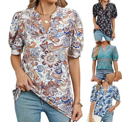 Women's Summer Tops Short Sleeve V Neck Shirts Printed Loose Fit Tunic Tops