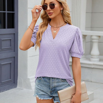 Women's Summer Eyelet Tops Puff Short Sleeve V Neck Shirts Loose Tunic Tops