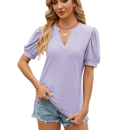 Women's Summer Eyelet Tops Puff Short Sleeve V Neck Shirts Loose Tunic Tops