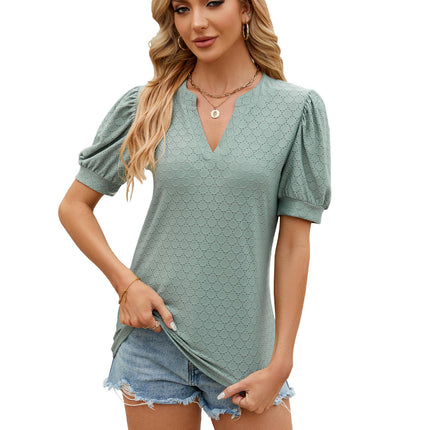 Women's Summer Eyelet Tops Puff Short Sleeve V Neck Shirts Loose Tunic Tops