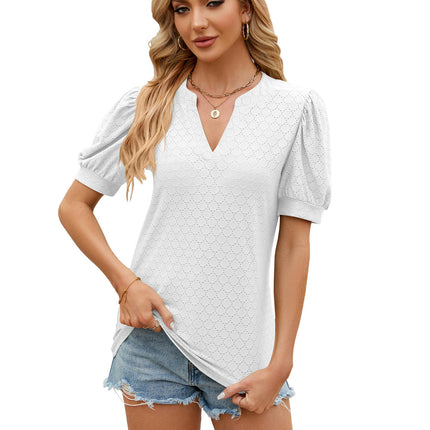 Women's Summer Eyelet Tops Puff Short Sleeve V Neck Shirts Loose Tunic Tops