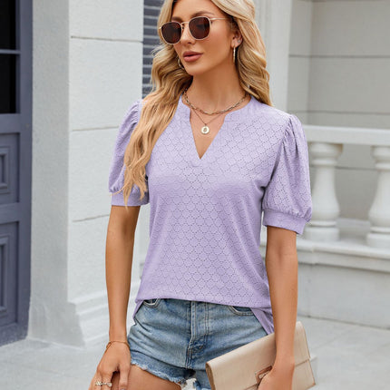 Women's Summer Eyelet Tops Puff Short Sleeve V Neck Shirts Loose Tunic Tops