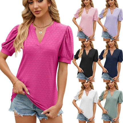 Women's Summer Eyelet Tops Puff Short Sleeve V Neck Shirts Loose Tunic Tops