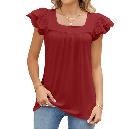 Women's Summer Tops Petal Short Sleeves Shirts Square Neck Blouse