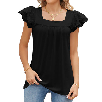 Women's Summer Tops Petal Short Sleeves Shirts Square Neck Blouse