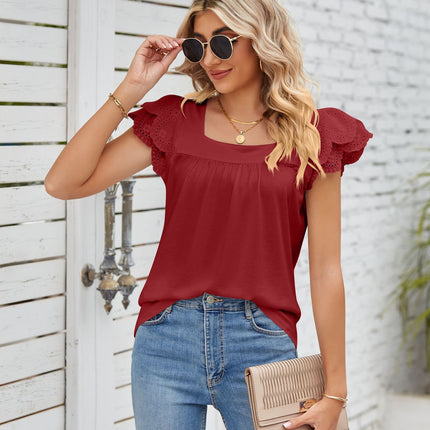 Women's Summer Tops Petal Short Sleeves Shirts Square Neck Blouse