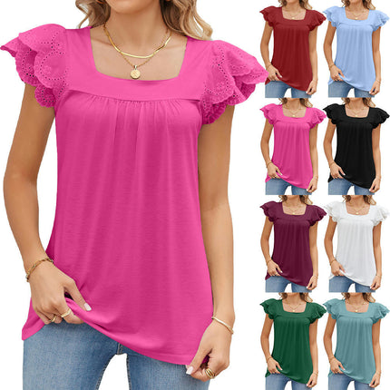 Women's Summer Tops Petal Short Sleeves Shirts Square Neck Blouse