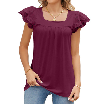 Women's Summer Tops Petal Short Sleeves Shirts Square Neck Blouse