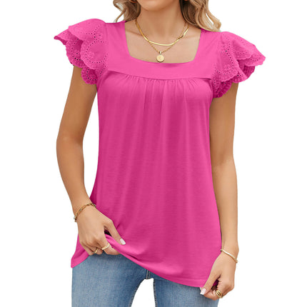 Women's Summer Tops Petal Short Sleeves Shirts Square Neck Blouse