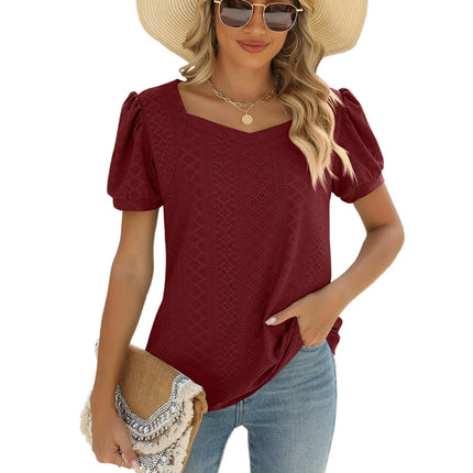 Summer Tops for Women Square Neck Shirts Puff Short Sleeve Eyelet Casual Tunics Blouse T-Shirt