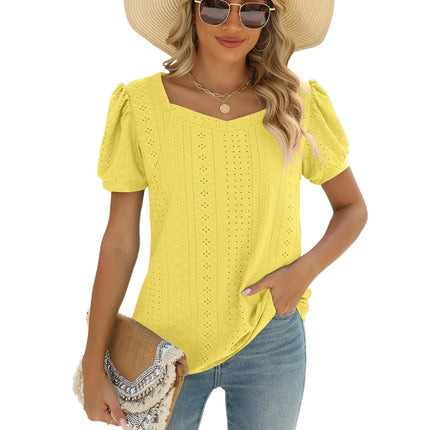 Summer Tops for Women Square Neck Shirts Puff Short Sleeve Eyelet Casual Tunics Blouse T-Shirt