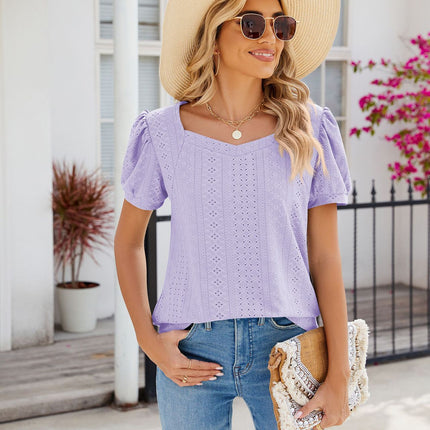 Summer Tops for Women Square Neck Shirts Puff Short Sleeve Eyelet Casual Tunics Blouse T-Shirt