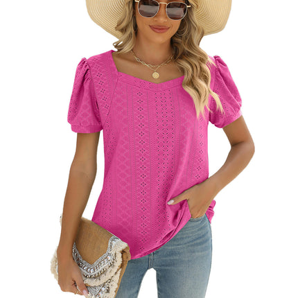 Summer Tops for Women Square Neck Shirts Puff Short Sleeve Eyelet Casual Tunics Blouse T-Shirt