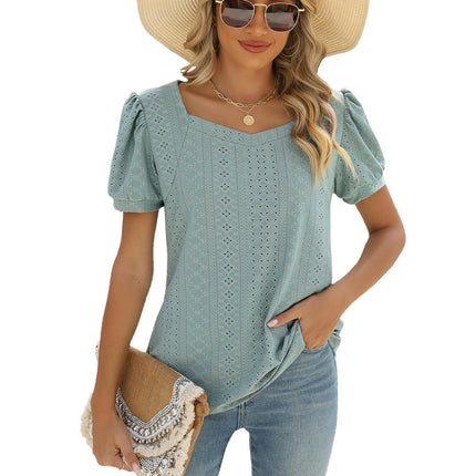 Summer Tops for Women Square Neck Shirts Puff Short Sleeve Eyelet Casual Tunics Blouse T-Shirt