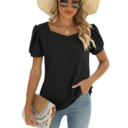 Summer Tops for Women Square Neck Shirts Puff Short Sleeve Eyelet Casual Tunics Blouse T-Shirt