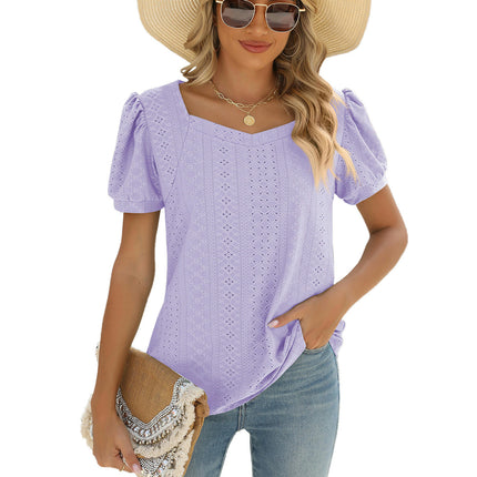 Summer Tops for Women Square Neck Shirts Puff Short Sleeve Eyelet Casual Tunics Blouse T-Shirt