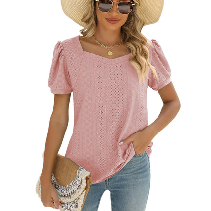 Summer Tops for Women Square Neck Shirts Puff Short Sleeve Eyelet Casual Tunics Blouse T-Shirt