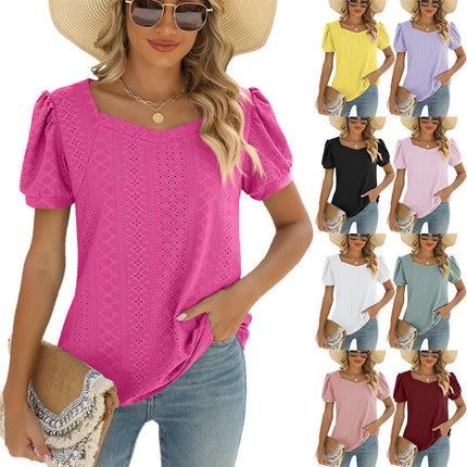 Summer Tops for Women Square Neck Shirts Puff Short Sleeve Eyelet Casual Tunics Blouse T-Shirt