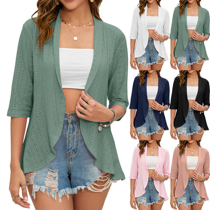 Women's Open Front Cardigan 3/4 Sleeve Draped Ruffles Lightweight Tops