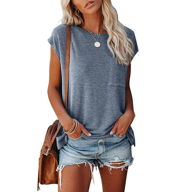 Women's T Shirts Short Sleeve Crewneck Tees Casual Summer Tops with Pocket