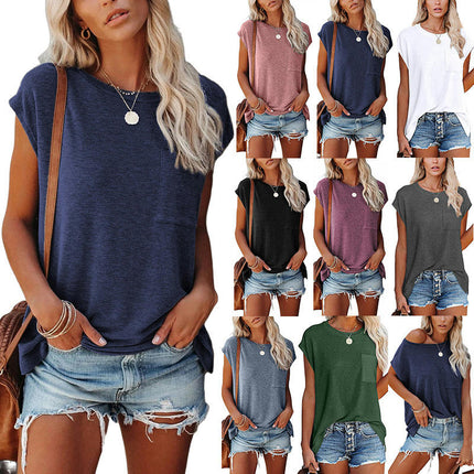 Women's T Shirts Short Sleeve Crewneck Tees Casual Summer Tops with Pocket