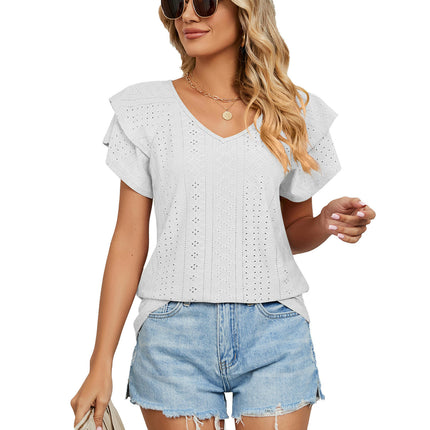 Women's Tops Summer Ruffle Sleeve Tops V Neck Eyelet Tshirts Casual Blouse Model F