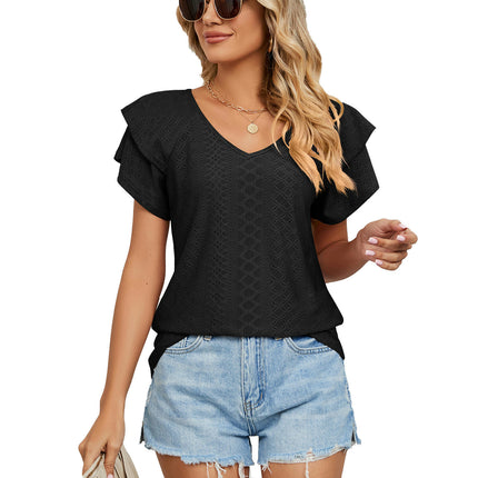 Women's Tops Summer Ruffle Sleeve Tops V Neck Eyelet Tshirts Casual Blouse Model F