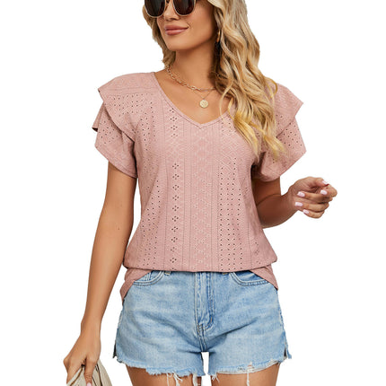 Women's Tops Summer Ruffle Sleeve Tops V Neck Eyelet Tshirts Casual Blouse Model F