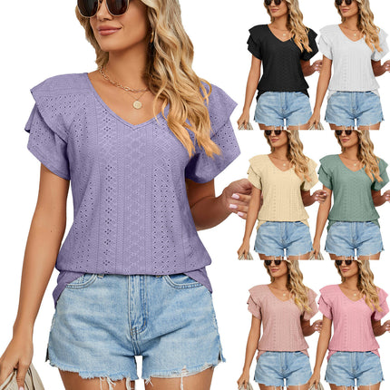 Women's Tops Summer Ruffle Sleeve Tops V Neck Eyelet Tshirts Casual Blouse Model F