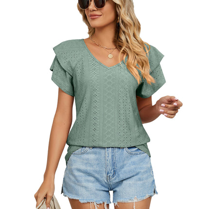 Women's Tops Summer Ruffle Sleeve Tops V Neck Eyelet Tshirts Casual Blouse Model F