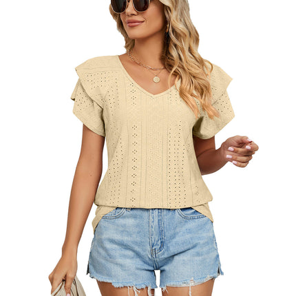 Women's Tops Summer Ruffle Sleeve Tops V Neck Eyelet Tshirts Casual Blouse Model F