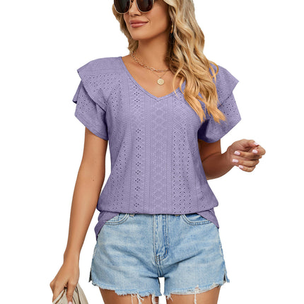 Women's Tops Summer Ruffle Sleeve Tops V Neck Eyelet Tshirts Casual Blouse Model F