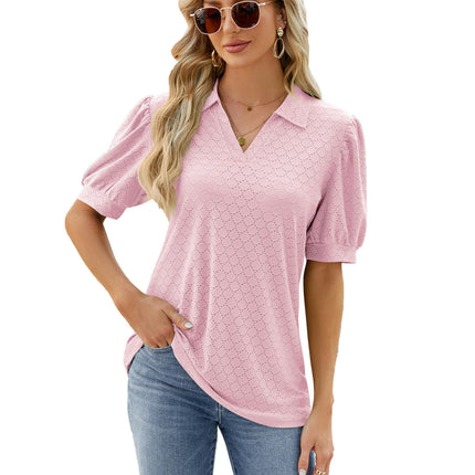 Women's Puff Short Sleeve Shirts V Neck Collared Tops Casual Tunic Blouses