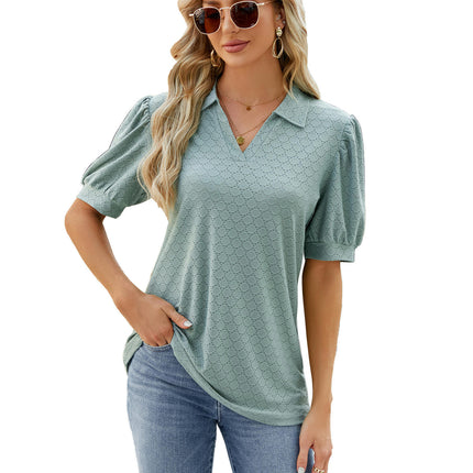 Women's Puff Short Sleeve Shirts V Neck Collared Tops Casual Tunic Blouses