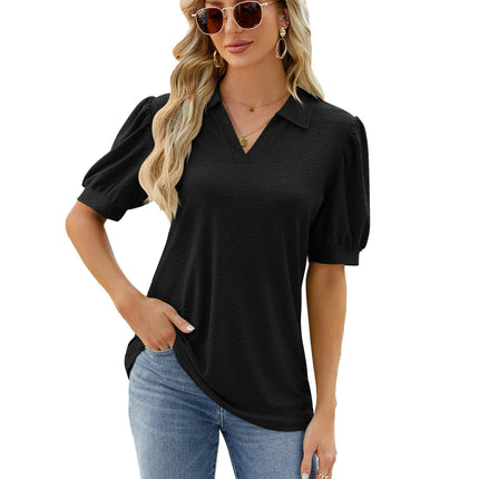 Women's Puff Short Sleeve Shirts V Neck Collared Tops Casual Tunic Blouses