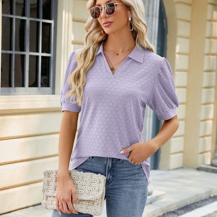 Women's Puff Short Sleeve Shirts V Neck Collared Tops Casual Tunic Blouses