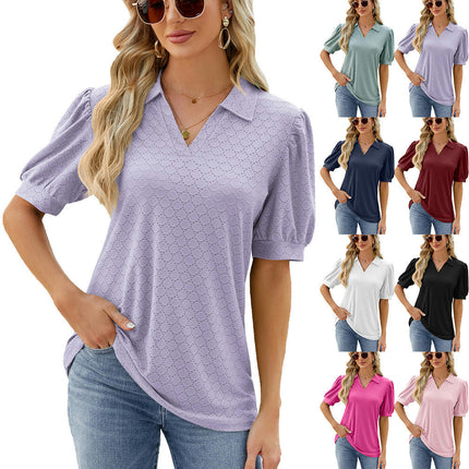 Women's Puff Short Sleeve Shirts V Neck Collared Tops Casual Tunic Blouses