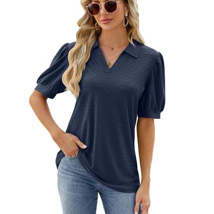 Women's Puff Short Sleeve Shirts V Neck Collared Tops Casual Tunic Blouses