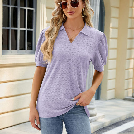 Women's Puff Short Sleeve Shirts V Neck Collared Tops Casual Tunic Blouses