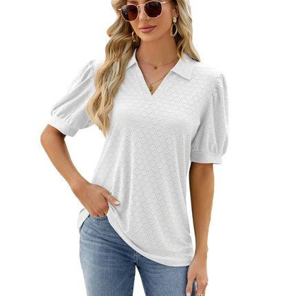 Women's Puff Short Sleeve Shirts V Neck Collared Tops Casual Tunic Blouses