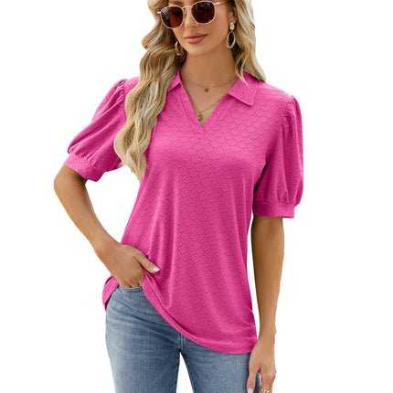 Women's Puff Short Sleeve Shirts V Neck Collared Tops Casual Tunic Blouses