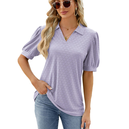 Women's Puff Short Sleeve Shirts V Neck Collared Tops Casual Tunic Blouses