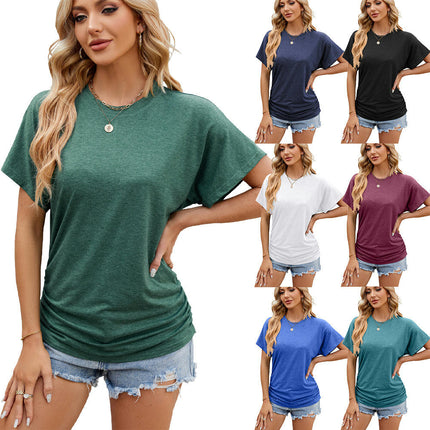 Women's Crew Neck T Shirt Blouse Short Sleeve Casual Loose Pleated Tops